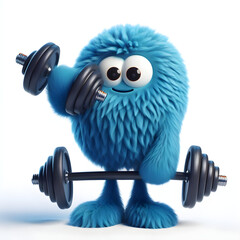 3D blue furry monster, workout, training, character 