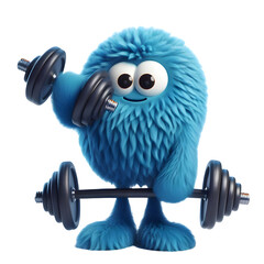 3d render of a dumbbell, blue furry monster isolated on white background 
