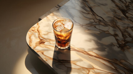 Ice cold tea in the glass on the table with marble texture under the light. High quality photo