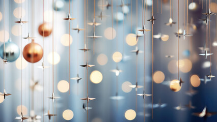 Christmas decorations, garlands and silver decorations against the background of New Year's lights. High quality photo