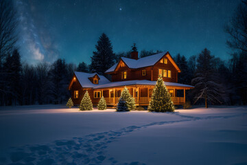 Verschneites Haus im Mondschein an Weihnachten.  KI Generated - obrazy, fototapety, plakaty