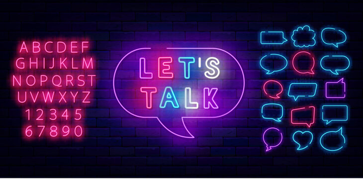 Talk show neon signboard. Shiny pink alphabet. Colorful handwritten text. Speech bubbles frames set. Vector illustration