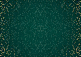 Hand-drawn unique abstract ornament. Light green on a dark cold green background, with vignette in golden glitter. Paper texture. Digital artwork, A4. (pattern: p11-1a)
