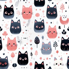 Cute Seamless Cat Pattern Design - Childish Hand Drawn Style Kitten Pattern Background. Generate AI