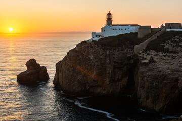Lighthouse of Cabo de S&atilde;o Vicente in Portugal at sunset