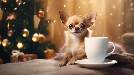 Chihuahua dog sitting with a cup of coffee near christmas tree with golden decor on the background. High quality photo