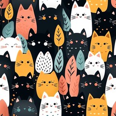 Cute Seamless Cat Pattern Design - Childish Hand Drawn Style Kitten Pattern Background. Generate AI