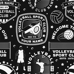 Set of volleyball sport club seamless pattern. Vector illustration. Concept for sport pattern background or wallpaper with volleyball ball, player, net and referee whistle silhouettes.