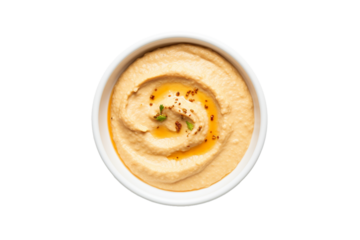 Hummus in bowl on transparent background, top view PNG transparent