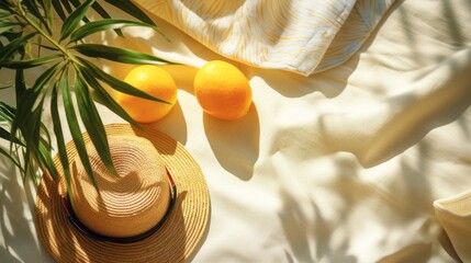 summertime collection still life of freshness summer season hat and yellow fresh summer on fabroc cloth outdoor garden summer casual leisure concept