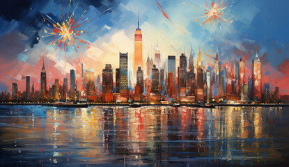 Abstract New York Skyline with Colorful Fireworks - Celebrating 2024's New Year in Vibrant Art