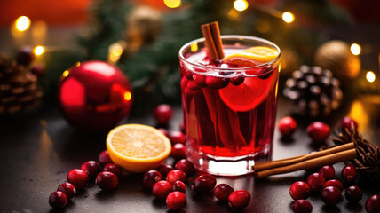 Christmas drink, sangria and apple juice, cranberry and orange on the Christmas table with decorations. High quality photo