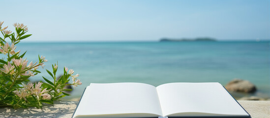Blank writing book, summer vacation concept, planner, copy space, space for text