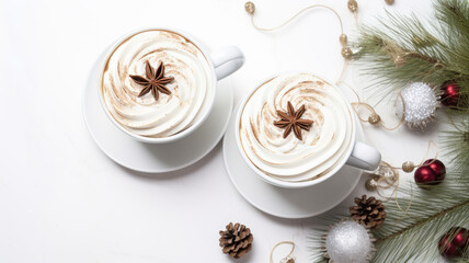 Two cups of cream coffee drink on a table with christmas decorations on the white background. High quality photo - Powered by Adobe