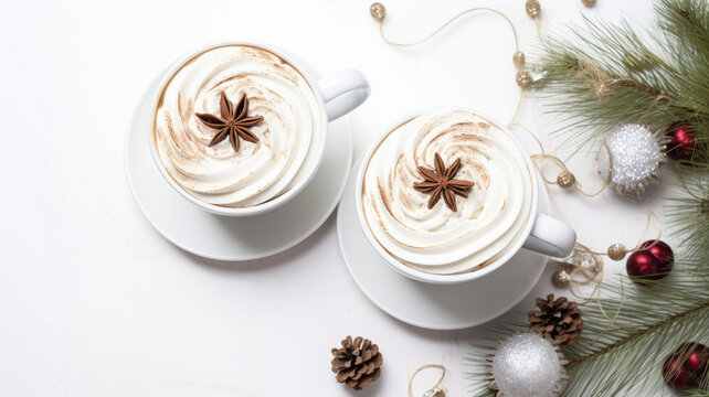Two cups of cream coffee drink on a table with christmas decorations on the white background. High quality photo