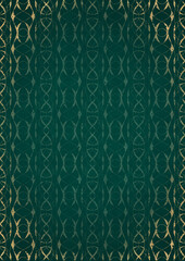 Hand-drawn unique abstract ornament. Light green on a dark cold green background, with vignette in golden glitter. Paper texture. Digital artwork, A4. (pattern: p10-3f)