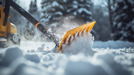 A person is clearing snow with a snow shovel - obrazy, fototapety, plakaty