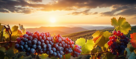 Grapes in harvest during a beautiful sunset over a vineyard creating a retro autumn background for a healthy organic food - obrazy, fototapety, plakaty