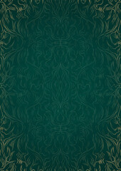 Hand-drawn unique abstract ornament. Light green on a dark cold green background, with vignette in golden glitter. Paper texture. Digital artwork, A4. (pattern: p11-1d) - obrazy, fototapety, plakaty