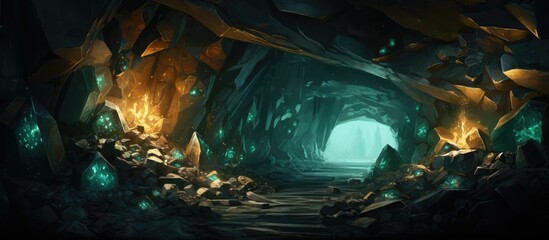 Digital illustration of a breathtaking underground mine with gold gemstones and other minerals - obrazy, fototapety, plakaty
