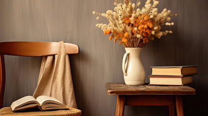 Books and vase with dried flowers on wooden chair in living room