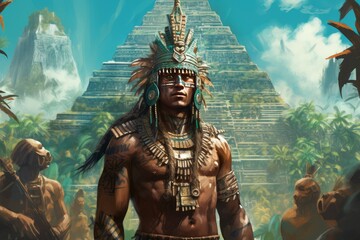 Intricate Aztec strong man old pyramid. Indian ruin. Generate AI - obrazy, fototapety, plakaty
