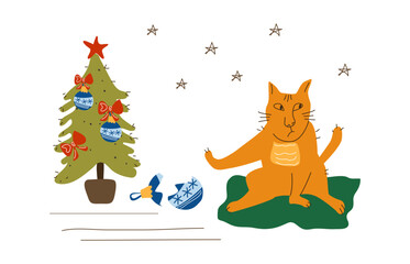 Merry Christmas card design. Cute cat and  Christmas tree. Vector 
 illustration.