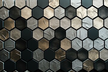 Wall made up of hexagonal mosaic tiles forming a block background with a polished concrete appearance. Generative AI