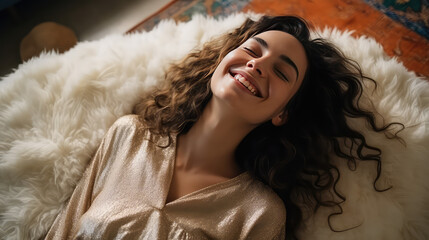 Smiling young woman lies on the floor of her home on a fluffy clean carpet. Creative concept of cleaning, washing vacuum cleaner for carpets and upholstered furniture, cozy fittings. 