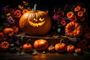 On a spooky Halloween night, a carved pumpkin with a mischievous grin stands illuminated by its own flickering light. The cloudy sky adds an eerie ambiance, and the full moon seems to be cradled