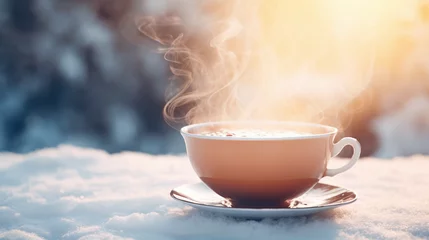 Poster Hot tea on a snowy field with snowy trees © mialoves4season