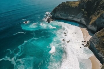 Aerial view of breathtaking coast with turquoise water, captured in Nusa Penida Island, Indonesia. Generative AI