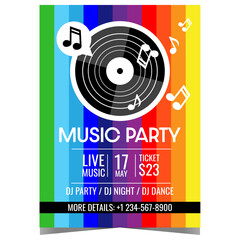 Music party poster with bright colourful stripes, musical notes and vinyl record on the background. Musical concert or feast invitation banner, leaflet or flyer in retro style. Vector illustration.