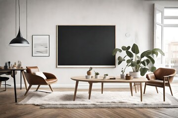 The essence of Scandi-style comes alive within a hipster interior backdrop. A mock-up poster frame, embodying the clean lines and simplicity of Scandinavian design, stands as a focal point