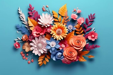 Colorful 3D paper floral arrangement with autumn botanical elements for a festive bouquet. Isolated on blue background. Generative AI