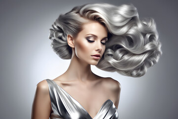 Woman with gorgeous hairstyle in silver dress, design for advertising. Generative AI
