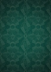 Hand-drawn unique abstract symmetrical seamless ornament. Bright green on a deep cold green with vignette of a darker background color. Paper texture. Digital artwork, A4. (pattern: p05e)