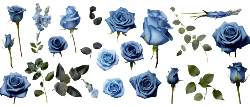  Set of isolated buds, flowers, leaves and blue rose flowers on transparent background. cut flower elements, garden themed designs. Top view high quality PNG." design elements, top view / flat lay - Powered by Adobe