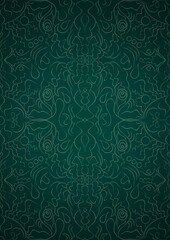 Hand-drawn unique abstract symmetrical seamless ornament. Bright green on a deep cold green with vignette of a darker background color. Paper texture. Digital artwork, A4. (pattern: p07-1d)