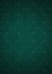 Fototapeta premium Hand-drawn unique abstract symmetrical seamless ornament. Bright green on a deep cold green with vignette of a darker background color. Paper texture. Digital artwork, A4. (pattern: p07-1e)