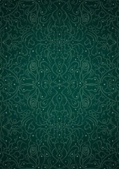 Hand-drawn unique abstract symmetrical seamless ornament. Bright green on a deep cold green with vignette of a darker background color. Paper texture. Digital artwork, A4. (pattern: p07-2d)