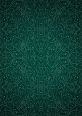 Fototapeta premium Hand-drawn unique abstract symmetrical seamless ornament. Bright green on a deep cold green with vignette of a darker background color. Paper texture. Digital artwork, A4. (pattern: p07-2d)