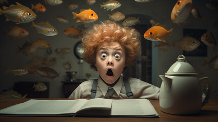 A surprised boy is reading a book, with numerous orange fish swimming around him. - obrazy, fototapety, plakaty