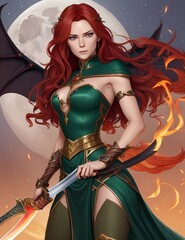 beautiful lady warrior, sword, magic, full body, long wavy red hair, armor intricate details, gold filigree