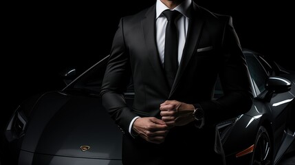 Man Wearing Suit in Front of Black Luxury Super Car Isolated Dark Background