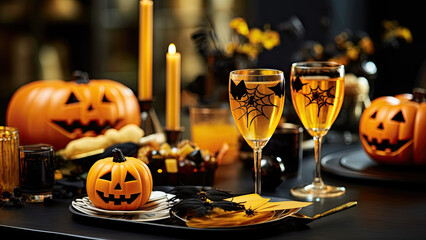 Halloween desserts and candlesticks with candles, in the style of light black and yellow, stark black-and-white photography, light orange and gray, playful elegance, elaborate fruit arrangements.