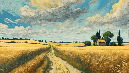 a landscape in the style of Van Gogh, a country road through a grain field