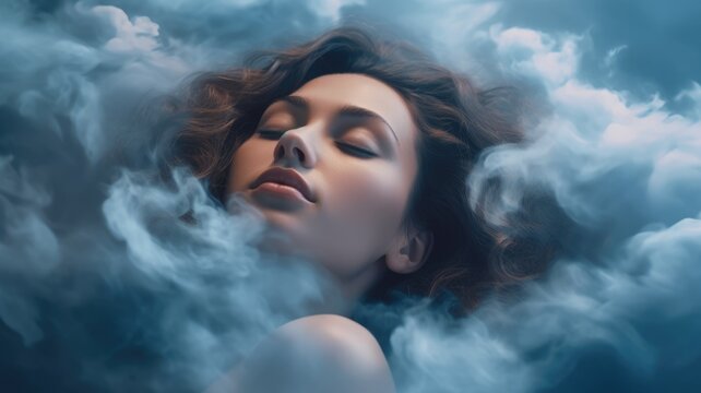 Close up portrait woman sleeping, floating on sea of cloud in the sky. Generative AI image weber.
