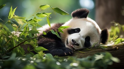  a panda bear laying on top of a lush green forest.  generative ai