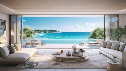  a living room filled with furniture and a view of the ocean.  generative ai